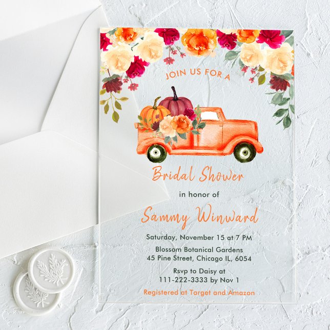 Floral Autumn Pumpkin Truck Bridal Shower Acrylic Invitations (Creator Uploaded)