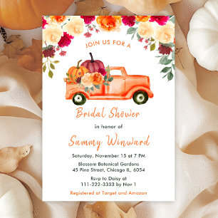 Floral Autumn Pumpkin Truck Bridal Shower Invitation