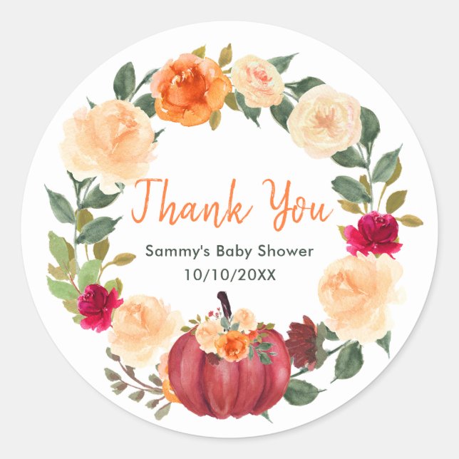 Floral Autumn Pumpkins Baby Shower Thank You Classic Round Sticker (Front)