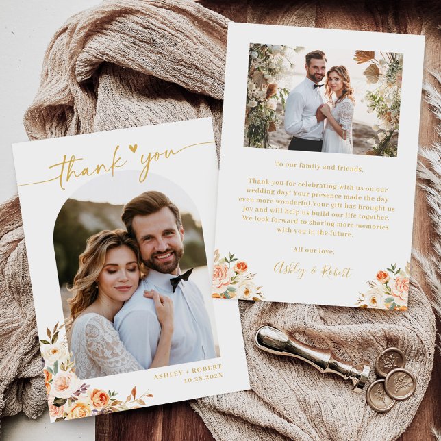 Floral Autumn Themed Arch Wedding Photo Thank You Card (Creator Uploaded)