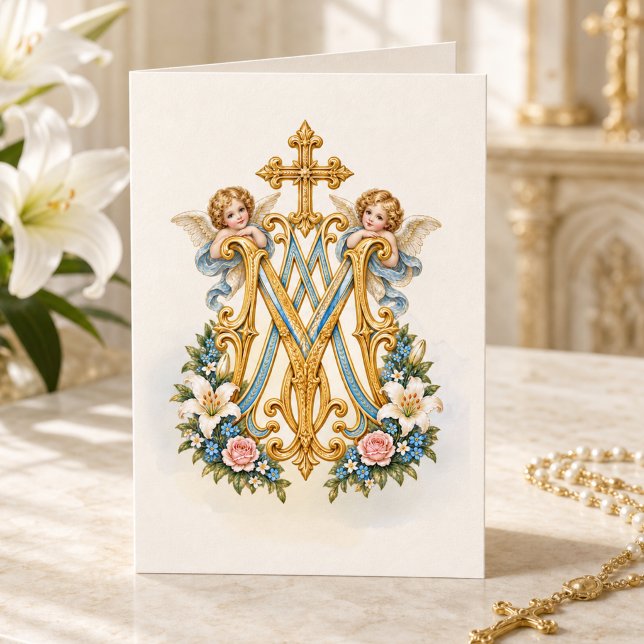 Floral Ave Maria Marian Monogram Catholic Card (Creator Uploaded)