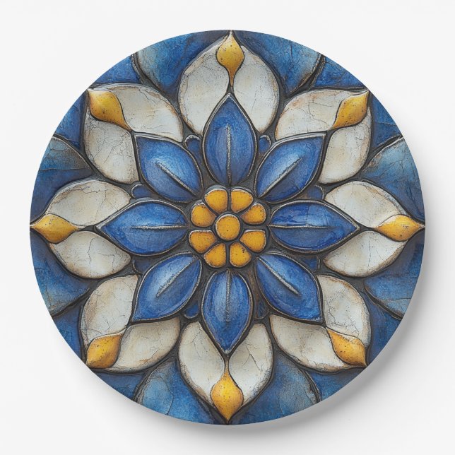 Floral Azulejo Blue White and Yellow Paper Plate (Front)