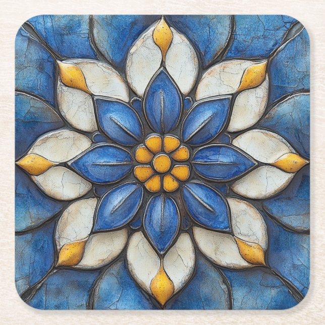 Floral Azulejo Blue White and Yellow Square Paper Coaster (Front)
