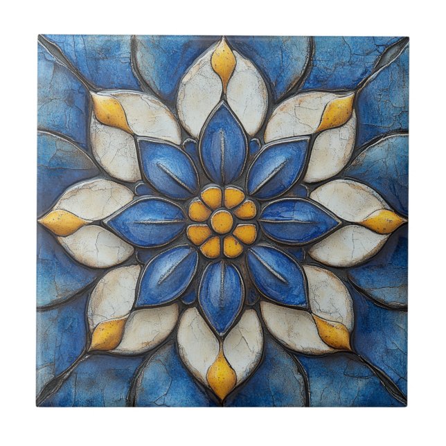 Floral Azulejo Blue White and Yellow Tile (Front)