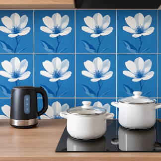 Floral Azulejo Mediterranean Blue White Tile