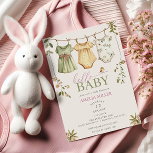 Floral Baby Clothesline Hello Baby Baby Shower Invitation