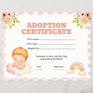 Floral baby doll adoption certificate editable flyer