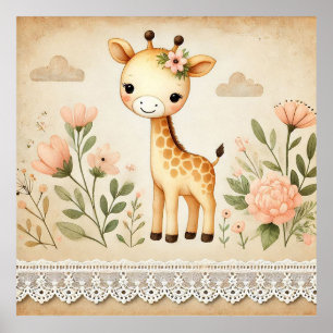 Floral Baby Giraffe Nursery Poster