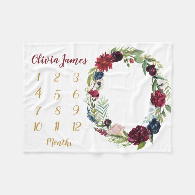 Floral Baby Girl Milestone Monthly Baby Blanket (Front (Horizontal))