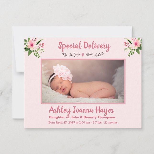 Floral Baby Girl Photo Birth Announcement (Front)