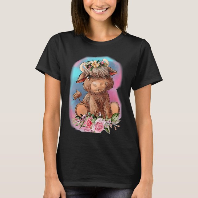 Floral Baby Highland Cow Farm Animals Western Coun T-Shirt (Front)