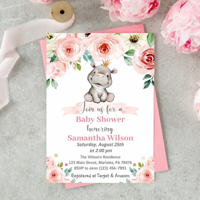Floral Baby Hippo Princess Baby Shower Invitation (Creator Uploaded)