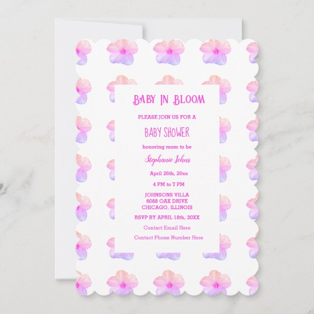 Floral Baby In Bloom Pink Petunia Baby Shower Girl Invitation (Front)