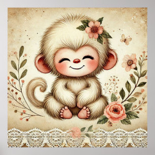 Floral Baby Monkey Nursery Poster