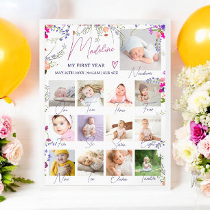 Floral Baby’s First Year Photo Collage Milestone Poster