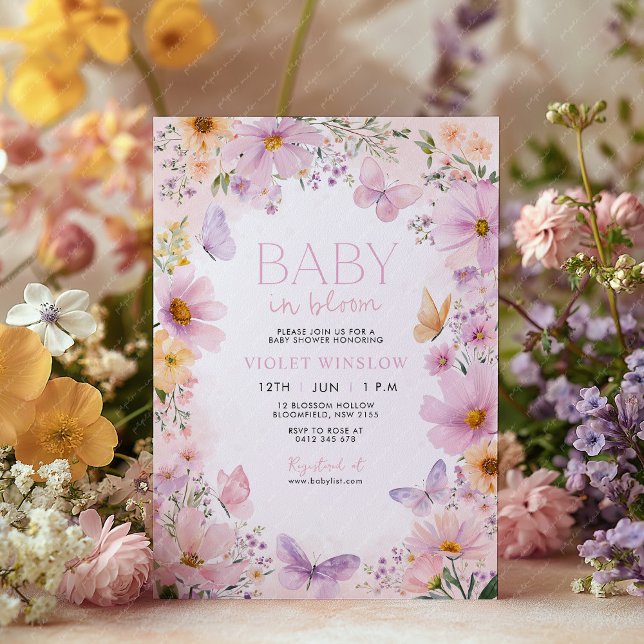 Floral Baby Shower Baby in Bloom Pink Flower Girl Invitation (Baby In Bloom Purple Invitation Baby Shower. )