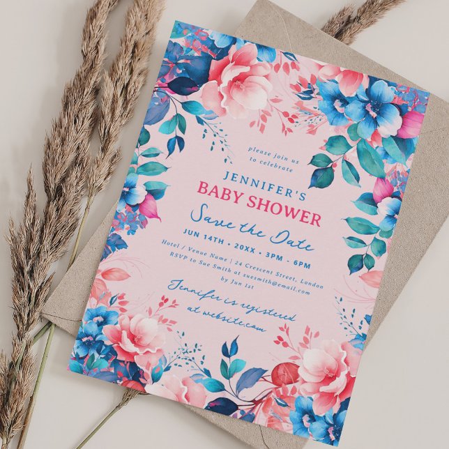 Floral Baby Shower Blue Pink Save Date Blush Invitation (Floral Baby Shower Blue Pink Save Date Blush Invitation)