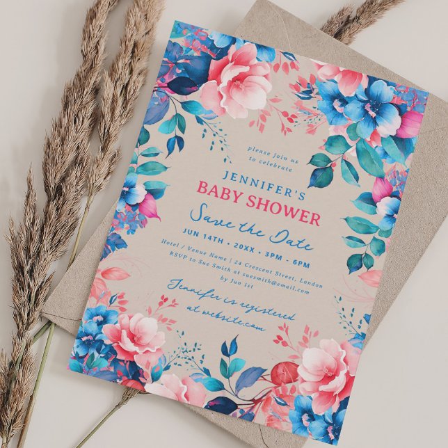 Floral Baby Shower Blue Pink Save Date Champagne Invitation (Floral Baby Shower Blue Pink Save Date Champagne Invitation)