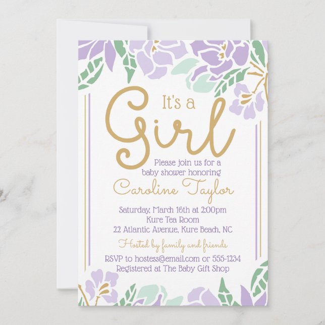 Floral Baby Shower Invitation purple and gold (Front)