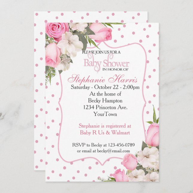 Floral Baby Shower Invitation with Pink Roses (Front/Back)