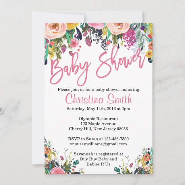 Floral Baby Shower Invitations - Spring Watercolor (Front)