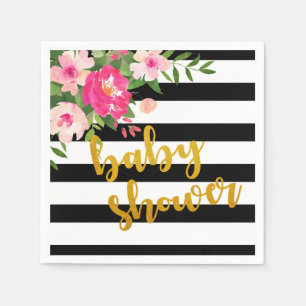Floral Baby Shower Napkin - Black/White Stripes