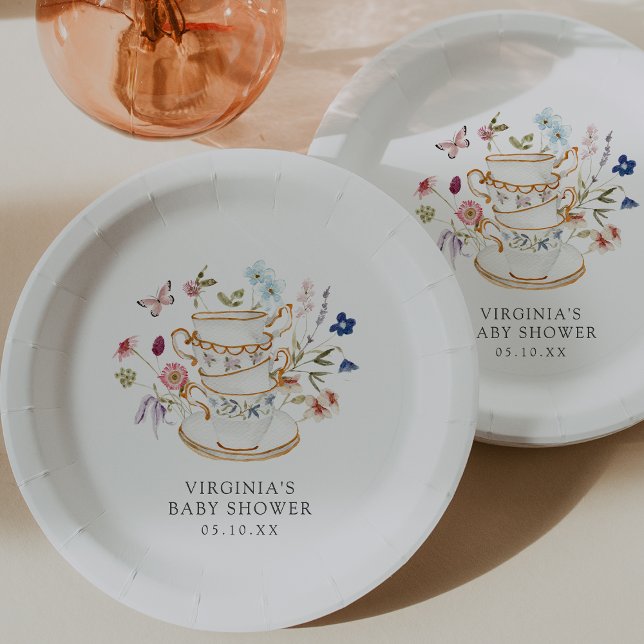 Floral Baby Shower Paper Plate (Floral Decor Tea Party Baby Shower Paper Plate with Butterfly by Painted Paperie
)
