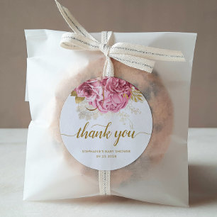 Floral Baby Shower Pink Gold Thank You Classic Round Sticker