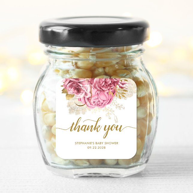 Floral Baby Shower Pink Gold Thank You Square Sticker (Creator Uploaded)