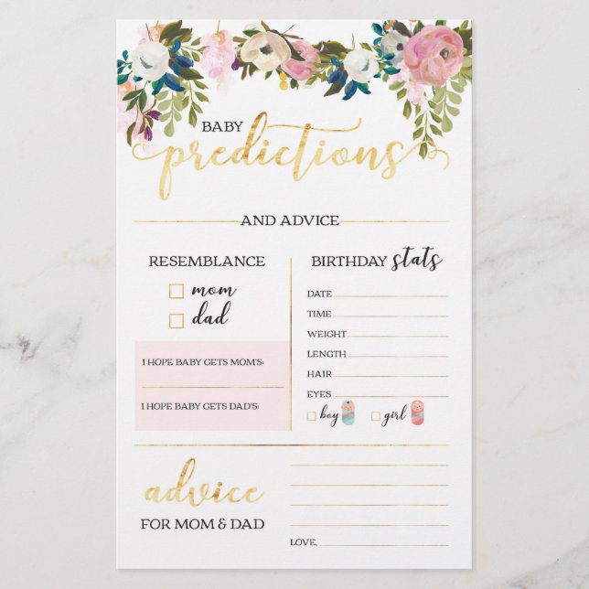 Floral Baby Shower Predictions Game (Front)