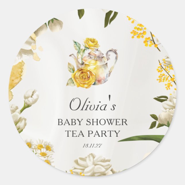 Floral Baby Shower Tea Party Yellow Green Paper Classic Round Sticker (Front)