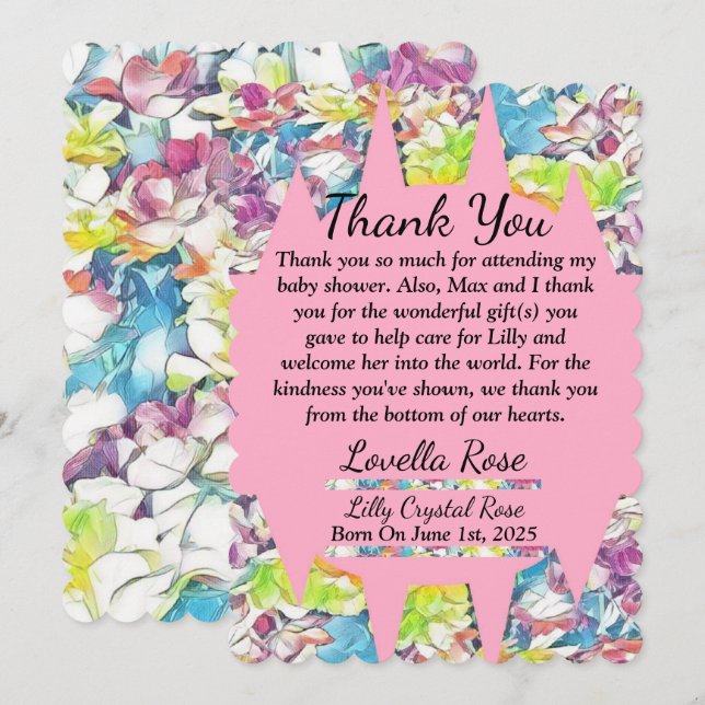 Floral Baby Shower Thank You Card with Pink (Front/Back)