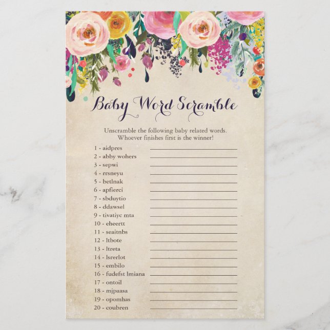 Floral Baby Shower Word Scramble Game Cards (Front)