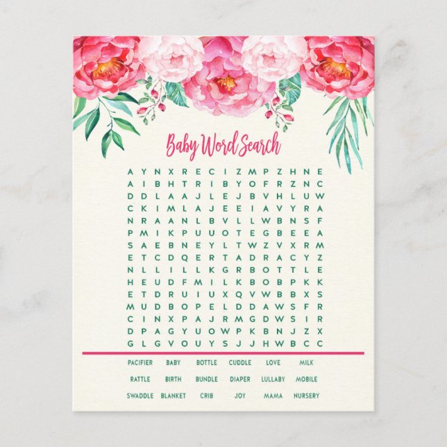 Floral Baby Word Search, Baby Shower Games, Games (Front)