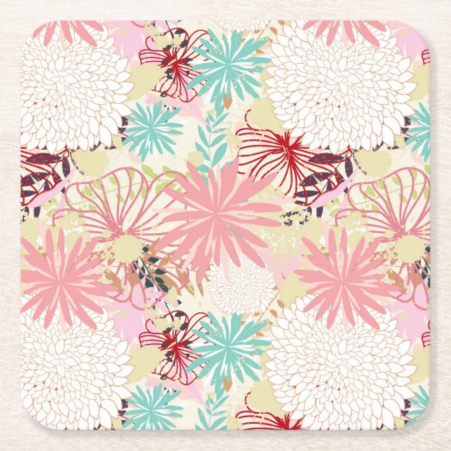 Floral background 4 square paper coaster (Front)