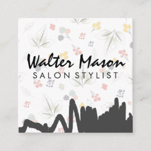 Floral Background Grey Scribble Square Business Card