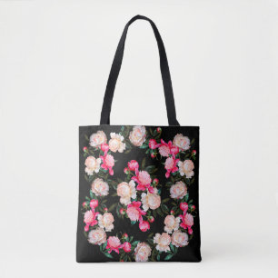 Floral background. Peonies pink and white on a dar Tote Bag