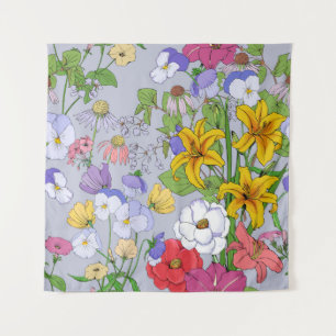 Floral background seamless vintage. Lilies, pansie Tapestry