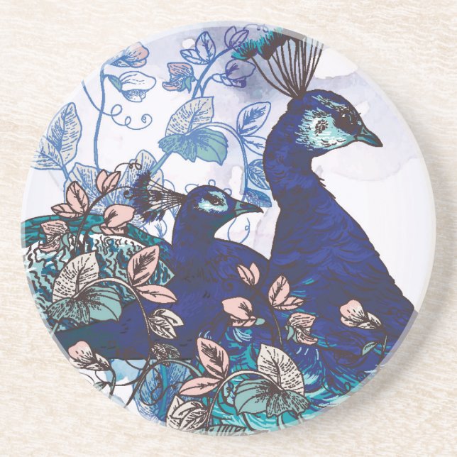 Floral Background with Peacocks Coaster (Front)