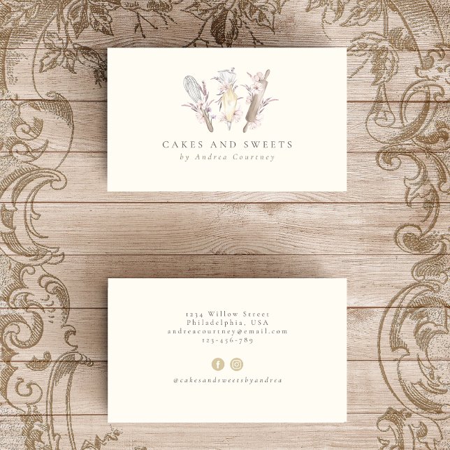 Floral Bakery Pastry Chef Baking Utensils Business Card (Creator Uploaded)