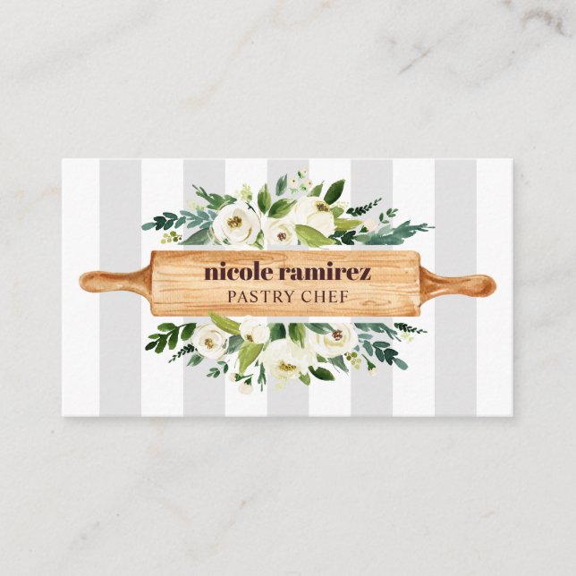 Floral Bakery Rolling Pin Cake Design striped grey Business Card (Front)