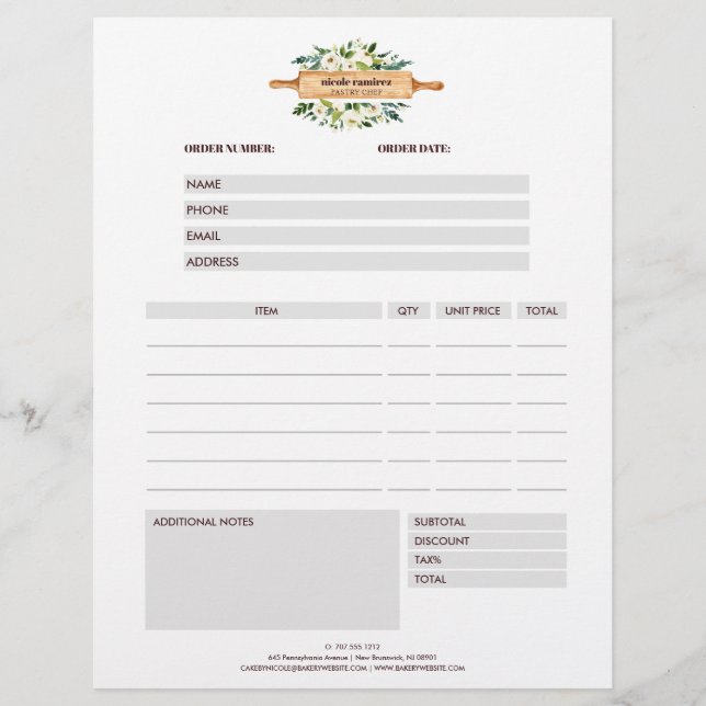 Floral Bakery Rolling Pin  Grey  Order Form Flyer (Front)