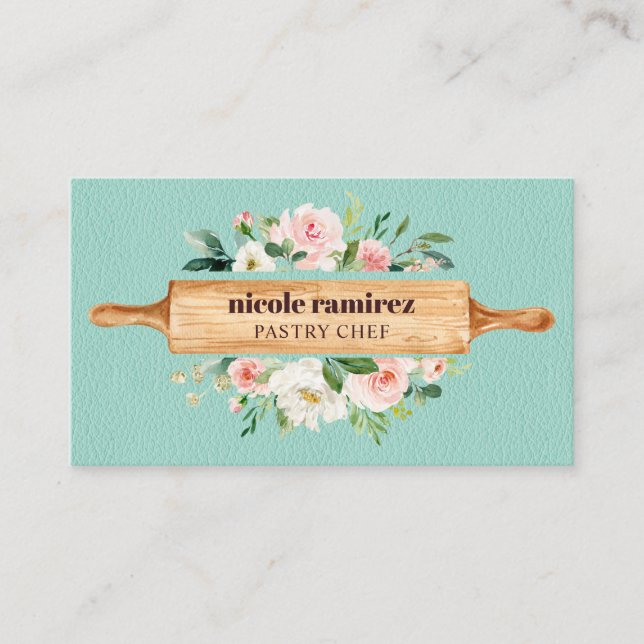 Floral Bakery Rolling Pin Patisserie Mint Leather Business Card (Front)
