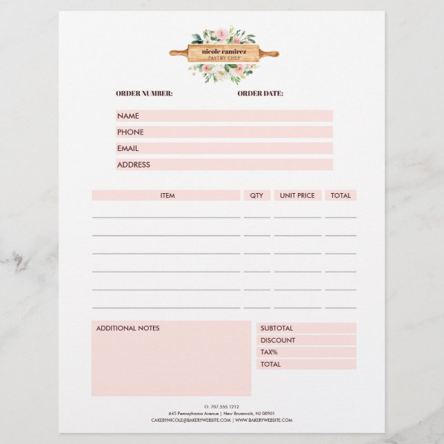 Floral Bakery Rolling Pin Patisserie Order Form Flyer (Front)
