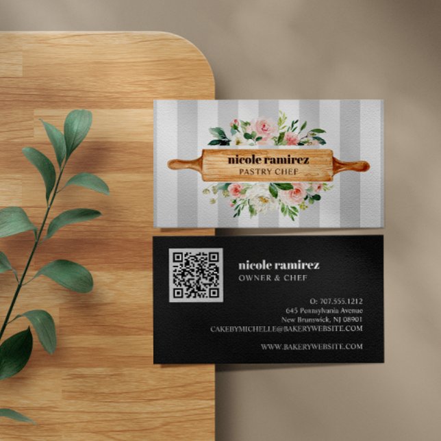 Floral Bakery Rolling Pin Patisserie QR CODE Busin Business Card (Creator Uploaded)