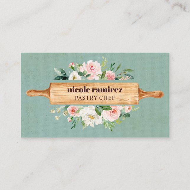 Floral Bakery Rolling Pin Patisserie sea green Business Card (Front)