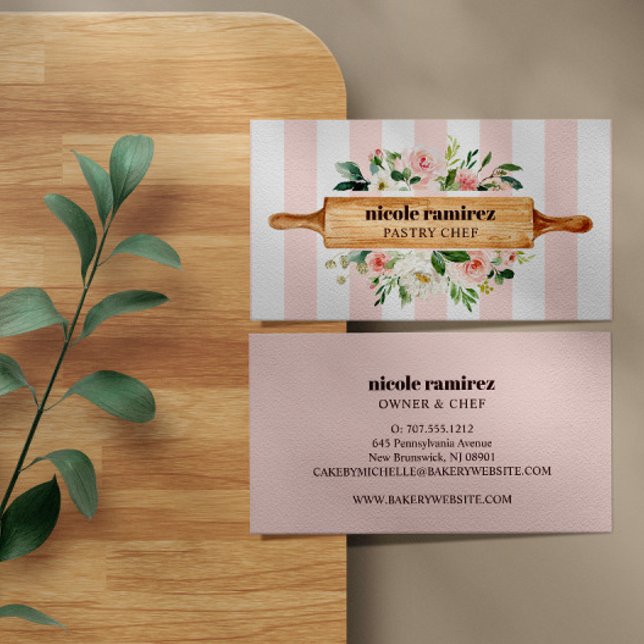 Floral Bakery Rolling Pin Patisserie striped Business Card (Creator Uploaded)