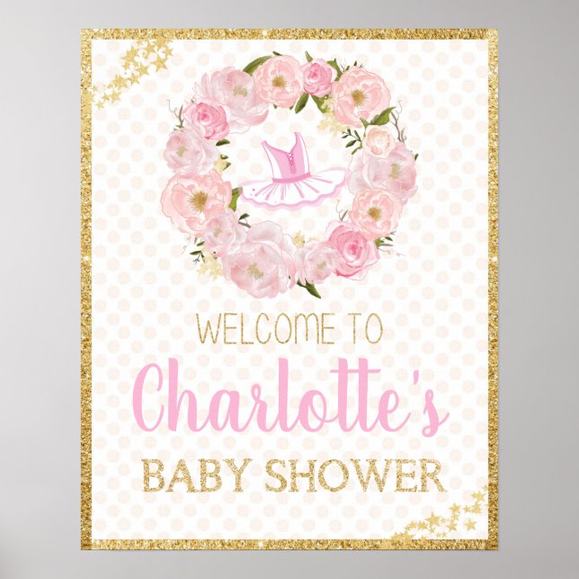 Floral Ballerina Baby Shower Welcome Poster Sign (Front)