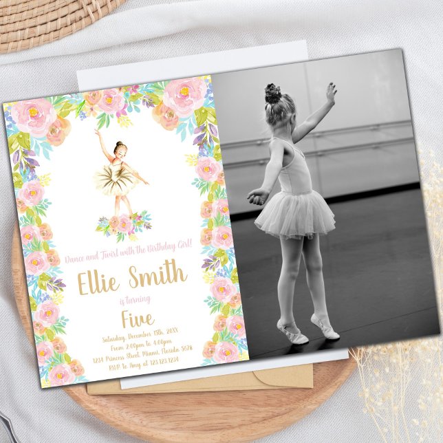 Floral Ballerina Birthday Invitation with Photo (Floral Ballerina Birthday Invitations with photo)