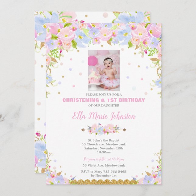 Floral Baptism and 1st Birthday Party Invitation (Front/Back)